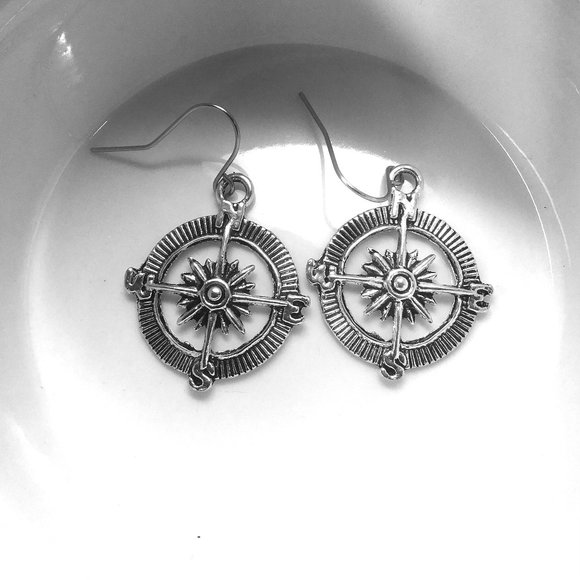 Miniature Compass Direction Navigation Charm Earrings - Picture 2 of 2